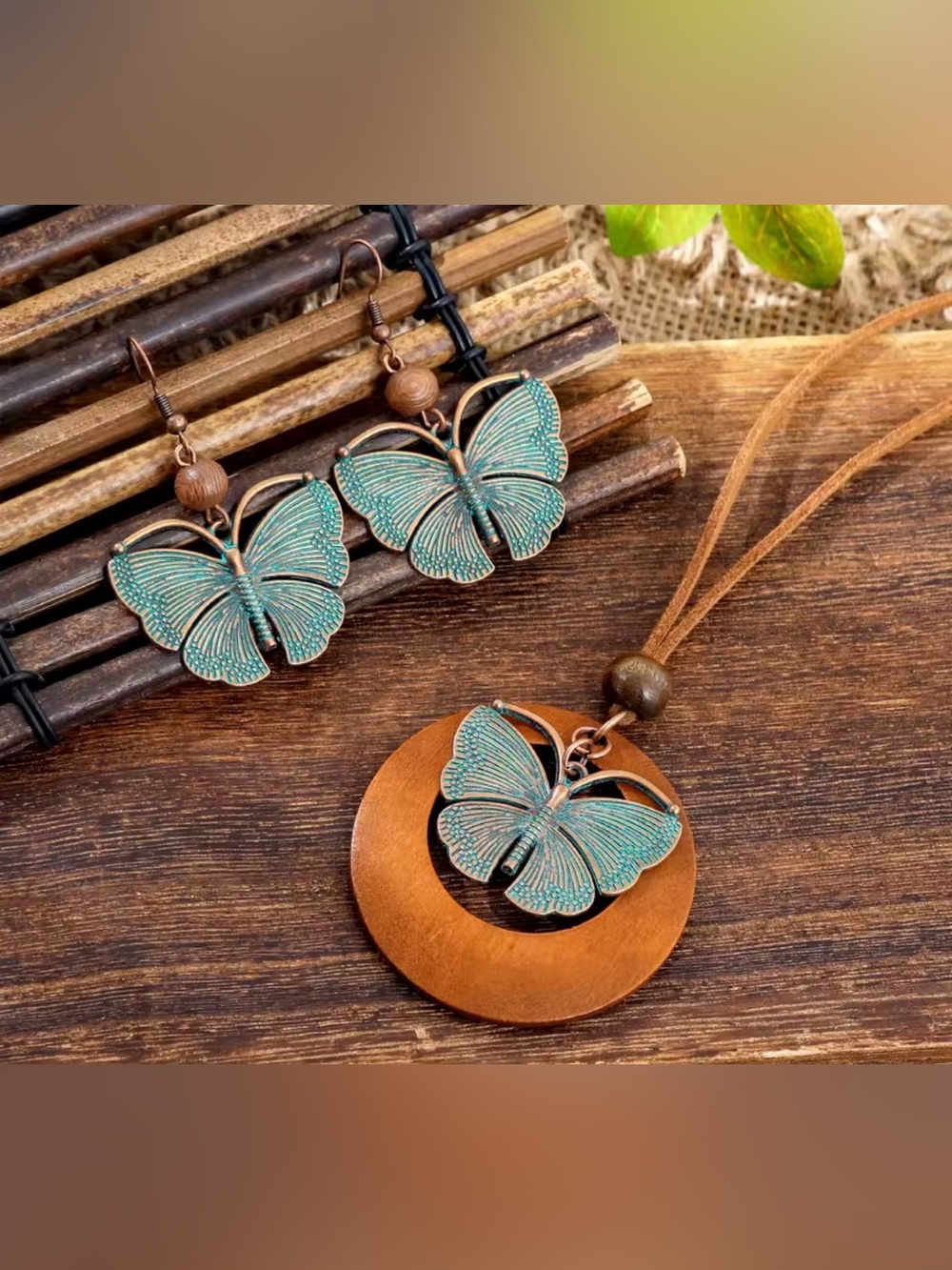Vintage Turquoise & Copper Butterfly Earrings and Pendant Set